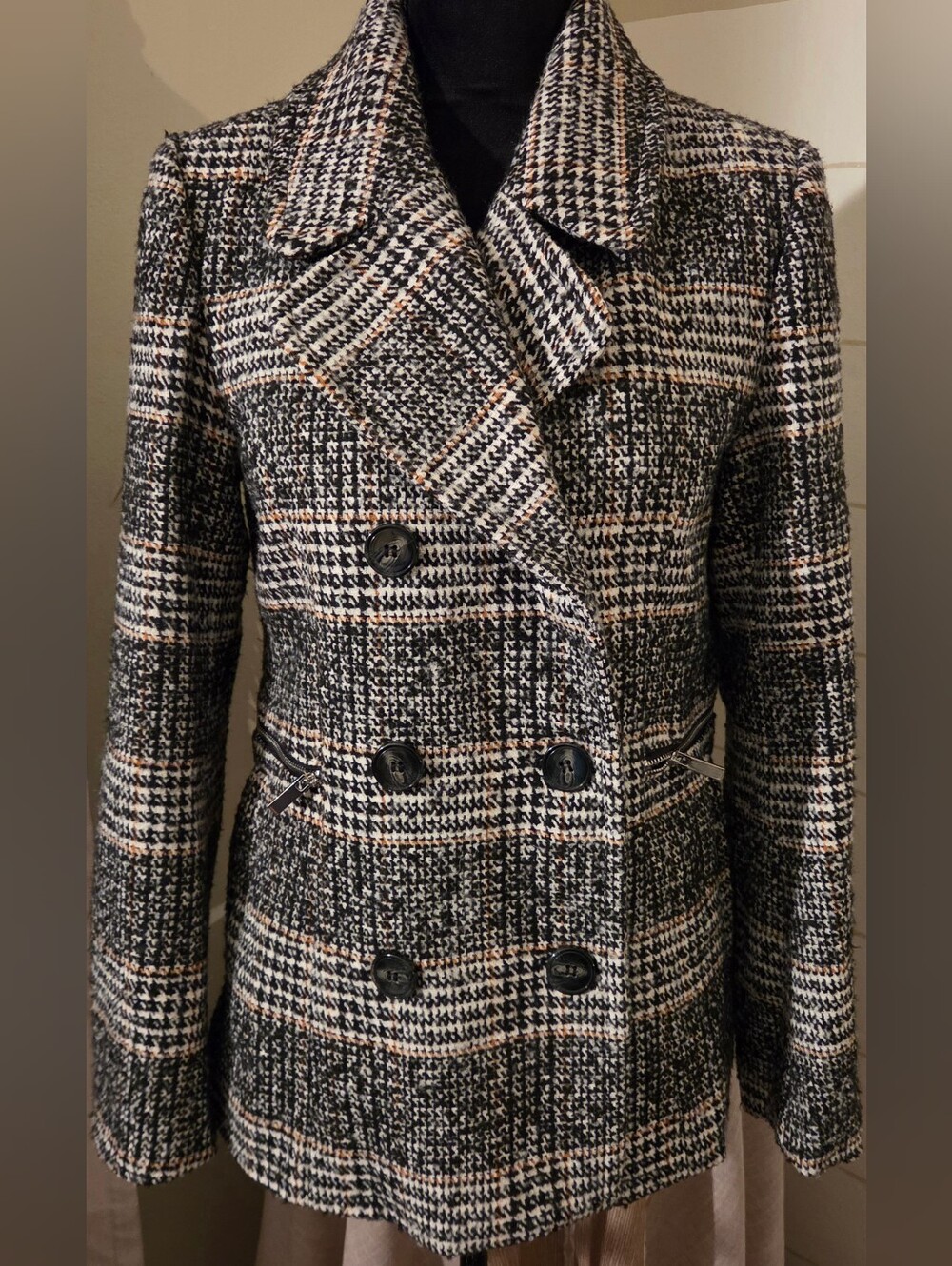 Black Cream Plaid Houndstooth Textured Tailored Peacoat Jacket M Maralyn & Me